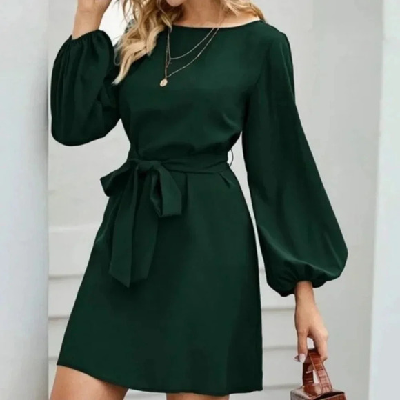Dark green  long sleeve minimalist  work office mini dress - Picture 1 of 2